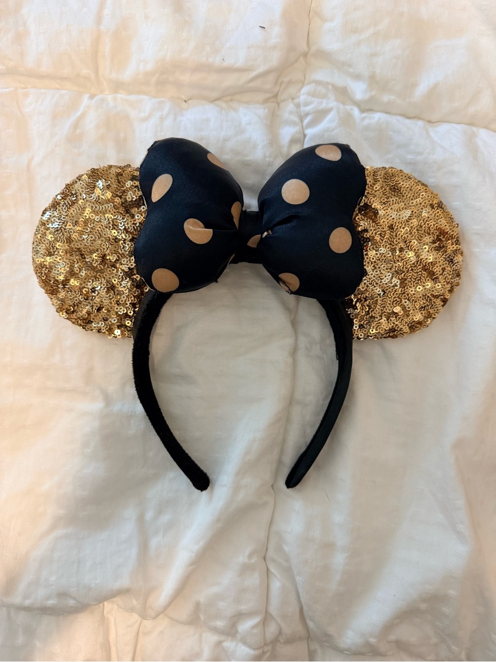 Disney Gold Sequin Minnie Ears Headband with Black and Gold Polka Dot Bow